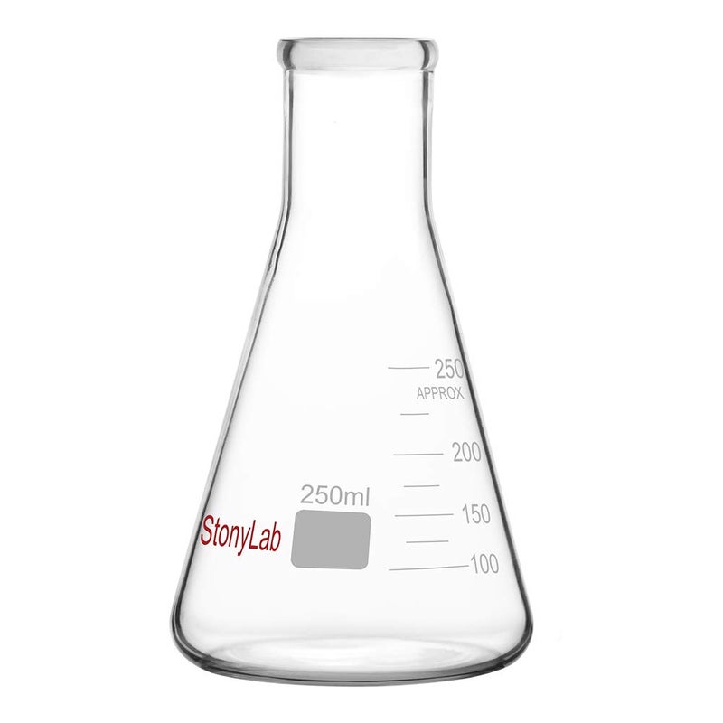 stonylab 1-Pack Glass 250 ml Heavy Wall Narrow Mouth Erlenmeyer Flasks with Heavy Duty Rim - (250ml Fits with 7# Rubber Stopper) - Image 1